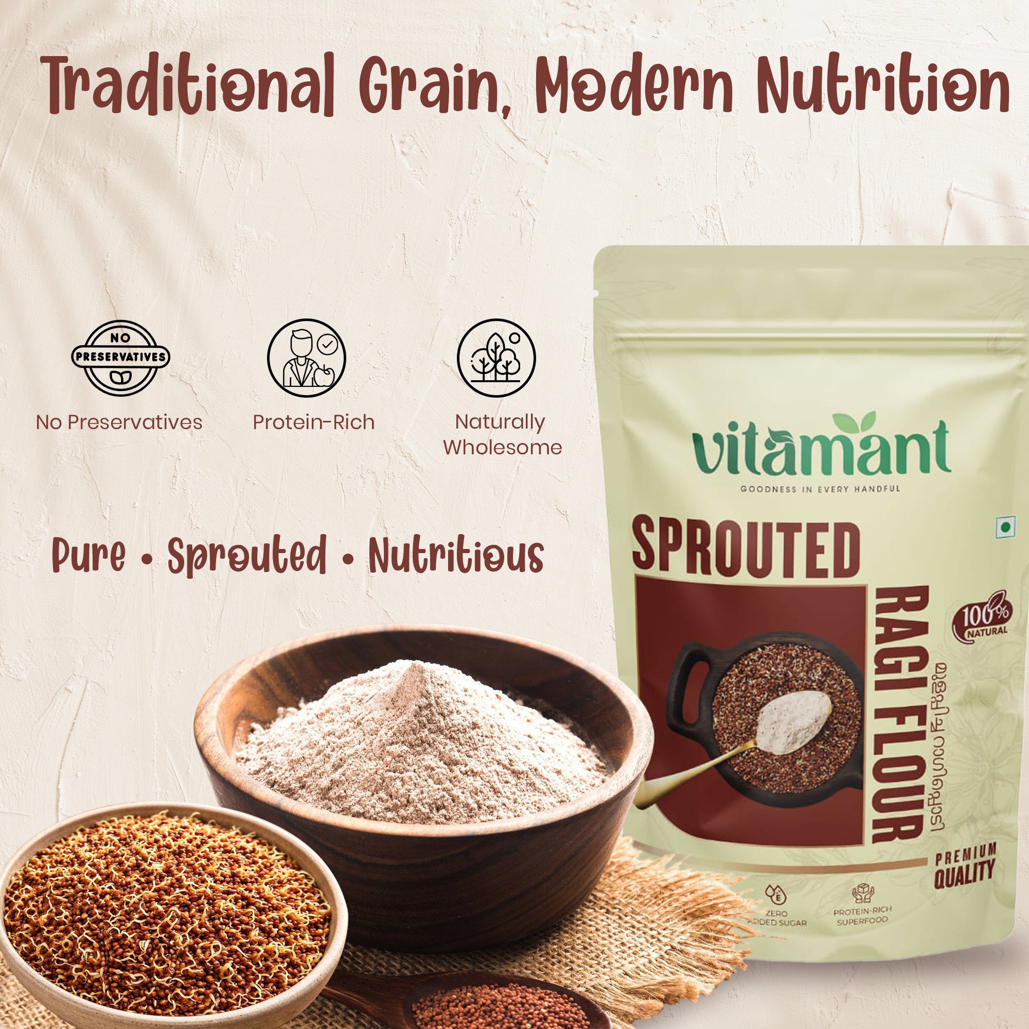 Sprouted Ragi Flour  1 KG  ( 2 Packs x 500g )